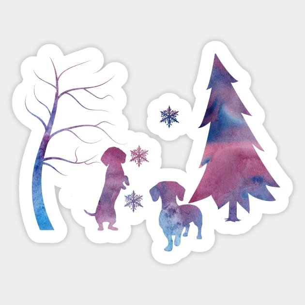 Dachshund Winter Forest Art With Snowflakes Sticker by BittenByErmines